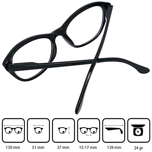 Mini Brille Gafas con Filtro de Luz Azul de Ojos de Gato, Funda GRATIS, Montura de Plástico (Negra), Cat Eye Gafas de Lectura Mujer +1.5 Dioptrías