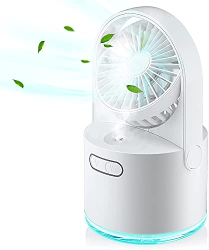 Mini USB Ventilador Con Agua de Mesa 4 en 1, Aire Acondicionado Portatil con 3 Velocidad del Viento y 2 Modos de Rociado, 7 Colores LED Luces, Depósito 300ml, Uso en asa, Oficina o Viajes