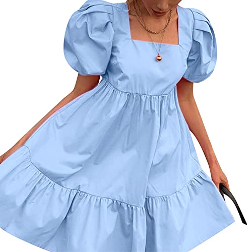 Mini Vestido con Mangas abullonadas para Mujer Vestido de Fiesta con Cuello Cuadrado Vestido con Dobladillo con Volantes y Manga Farol Vestidos Babydoll (Light Blue, Medium)