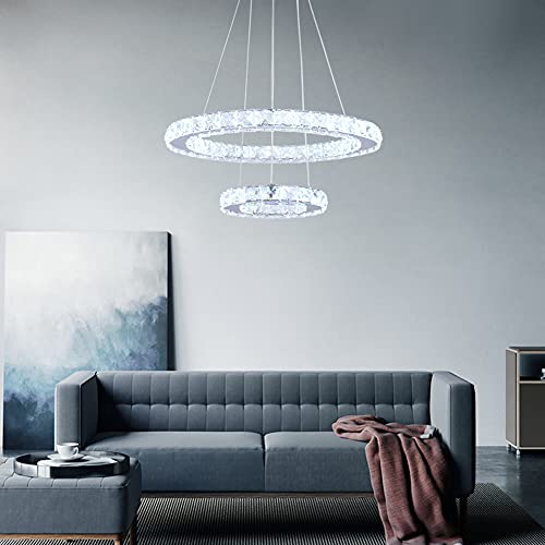 Moderna lámpara de araña de cristal de 2 anillos, lámpara colgante LED redonda, luces de techo ajustables, lámpara colgante para sala de estar, comedor, dormitorio, cocina, isla (blanco frío)