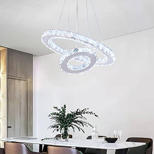 Moderna lámpara de araña de cristal de 2 anillos, lámpara colgante LED redonda, luces de techo ajustables, lámpara colgante para sala de estar, comedor, dormitorio, cocina, isla (blanco frío)