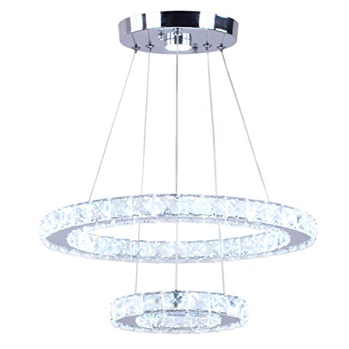 Moderna lámpara de araña de cristal de 2 anillos, lámpara colgante LED redonda, luces de techo ajustables, lámpara colgante para sala de estar, comedor, dormitorio, cocina, isla (blanco frío)