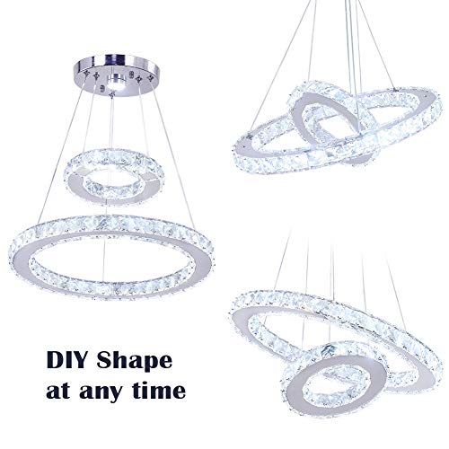 Moderna lámpara de araña de cristal de 2 anillos, lámpara colgante LED redonda, luces de techo ajustables, lámpara colgante para sala de estar, comedor, dormitorio, cocina, isla (blanco frío)