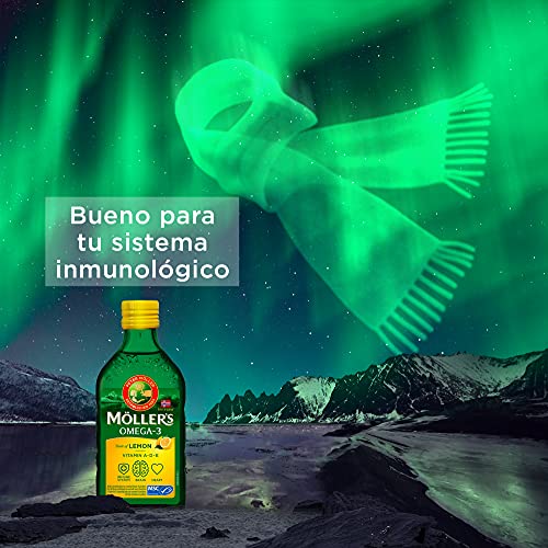 Moller’s ® | Aceite de hígado de bacalao con omega 3 | Complemento dietético con omega-3 EPA, DHA y vitaminas A, D y E | Aceite de hígado de bacalao | Sabor Limón | 250 ml