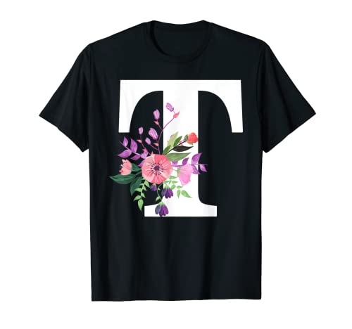 monograma floral nombre letra inicial blanca T rosa flores rojas Camiseta