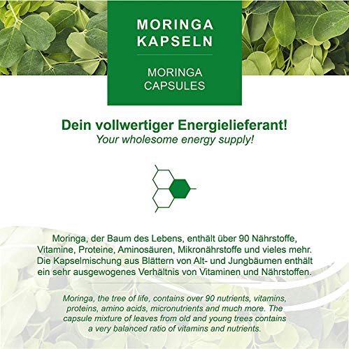 MoriVeda® Moringa Oleifera Cápsulas 600mg, 360 unidades. I Moringa de alta dosis, con vitaminas, proteínas y aminoácidos en ayurveda I Vegano y sin gluten I 3 x 120 cápsulas