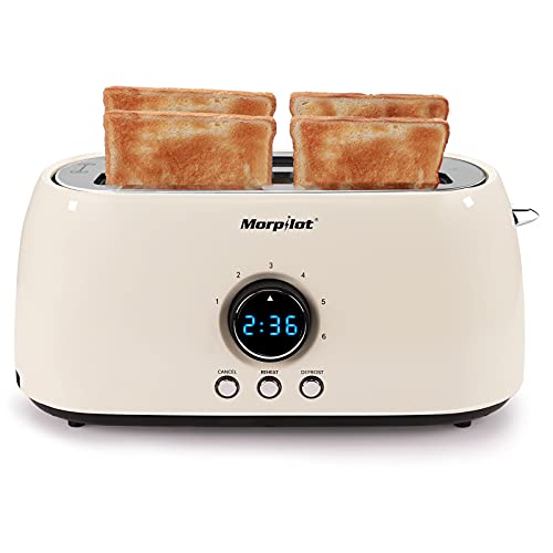 morpilot Tostador De Doble Ranura Larga, 1250W Inox Clásico Tostadora Pan Para 4 Rebanadas, 6 Niveles de Potencia Tres Funciones Iluminación LED Tostadoras con Bandeja Recogemigas, Beige (T-40)