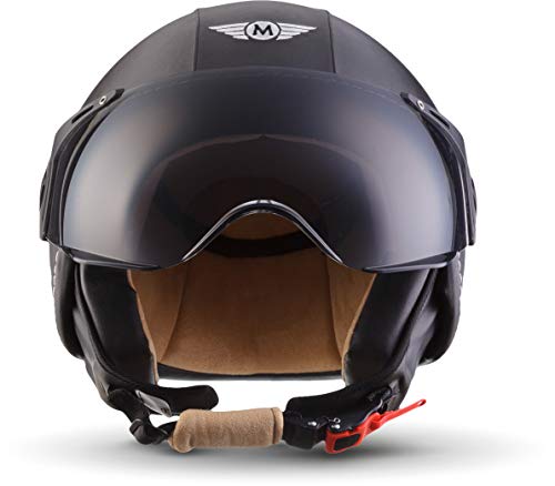 Moto H44 - Leather Black - Casco Cuero Moto Demi-Jet con Visera Vespa Scooter Piloto Jet Negro - XS (53-54cm)