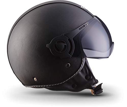 Moto H44 - Leather Black - Casco Cuero Moto Demi-Jet con Visera Vespa Scooter Piloto Jet Negro - XS (53-54cm)