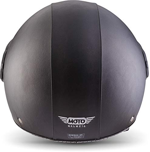 Moto H44 - Leather Black - Casco Cuero Moto Demi-Jet con Visera Vespa Scooter Piloto Jet Negro - XS (53-54cm)