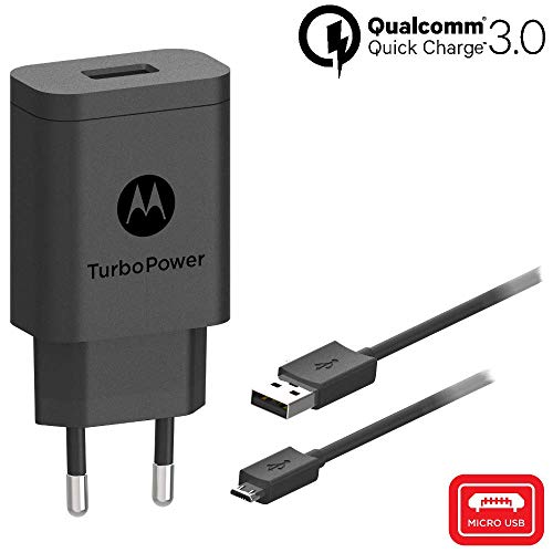 Motorola Original- TurboPower 18W Cargador de pared con SKN6461A 3.3ft (1m) Cable micro USB en caja de venta al por menor con etiqueta de autenticación Motorola y tarjeta, Negro