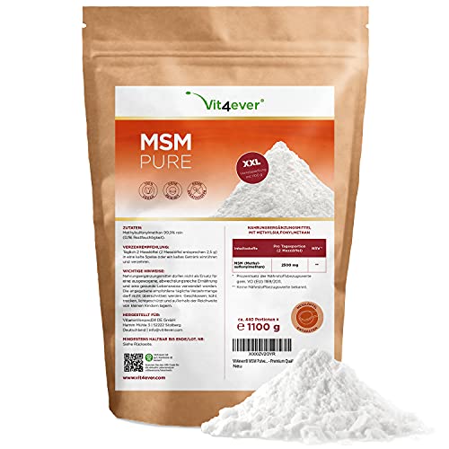 MSM en polvo - 1,1 kg (1100g) - Metilsulfonilmetano cristalino 99,9% puro - Factor de malla 40-80 - Azufre orgánico - Vegano