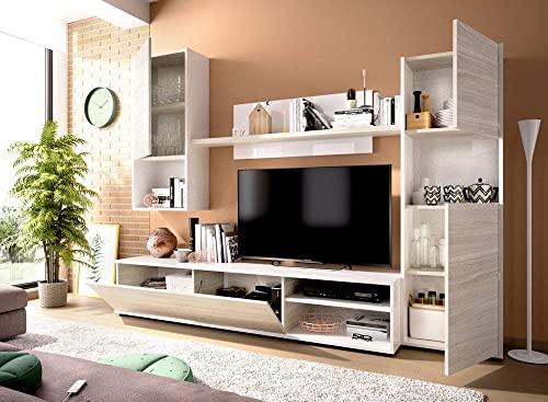 Muebles La Factoría Luka Salón TV Modular, Madera, Blanco B. / Gris, B.Brillo/Gris