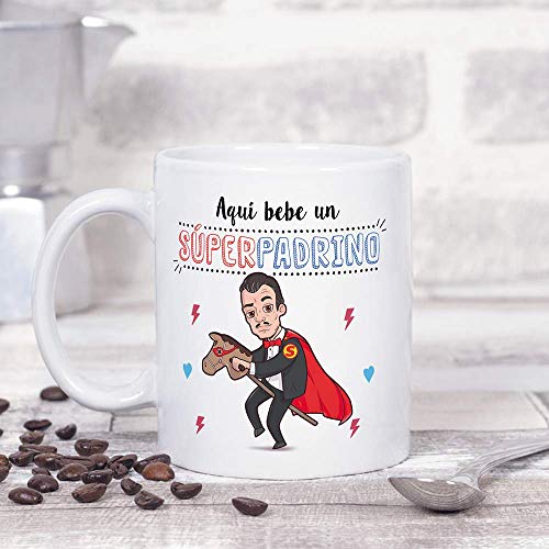 MUGFFINS Taza Padrino – AQUÍ Bebe UN Super Padrino – Taza Desayuno 350 ml Idea Regalo para Padrinos