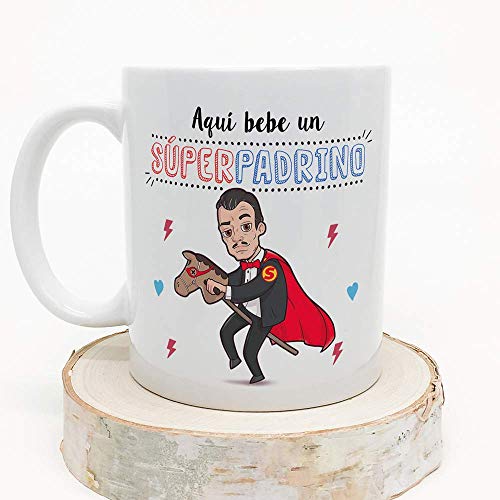 MUGFFINS Taza Padrino – AQUÍ Bebe UN Super Padrino – Taza Desayuno 350 ml Idea Regalo para Padrinos