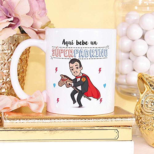 MUGFFINS Taza Padrino – AQUÍ Bebe UN Super Padrino – Taza Desayuno 350 ml Idea Regalo para Padrinos