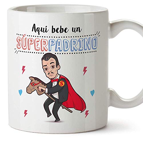 MUGFFINS Taza Padrino – AQUÍ Bebe UN Super Padrino – Taza Desayuno 350 ml Idea Regalo para Padrinos