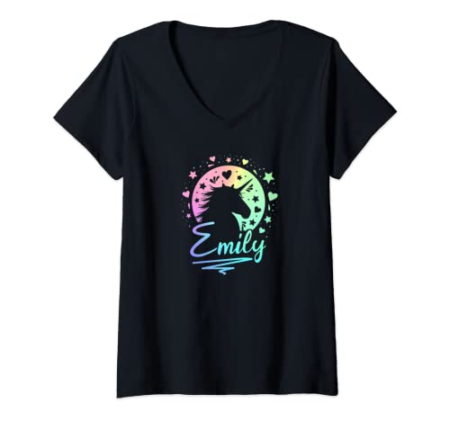 Mujer Emily Nombre Regalo Personalizado Rainbow Unicorn Believe Galaxy Camiseta Cuello V