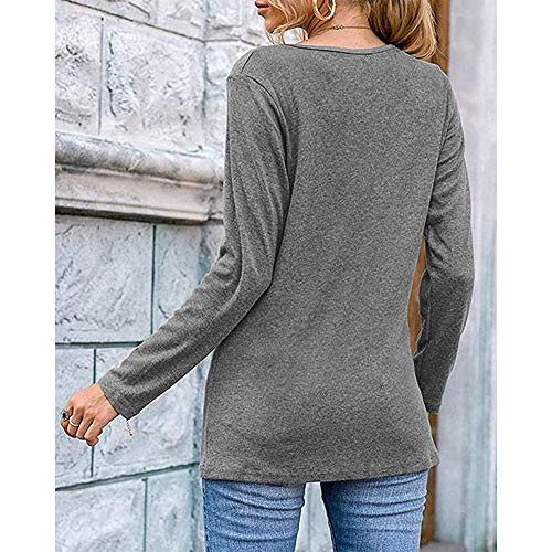 Mujeres Casual Cuello en V Nudo Cruzado pulóver Color sólido Suelta cómoda Camisa Blusa de Manga Larga (Gris, S)