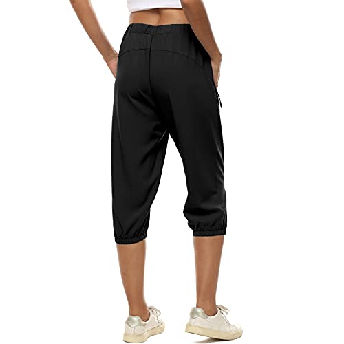 MUYOGRT Pantalones capri de verano para mujer, pantalones pirata 3/4, pantalones de trekking, ligeros, holgados, deportivos, con cordón y bolsillos laterales, Negro , XL