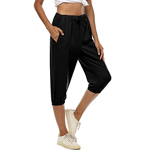 MUYOGRT Pantalones capri de verano para mujer, pantalones pirata 3/4, pantalones de trekking, ligeros, holgados, deportivos, con cordón y bolsillos laterales, Negro , XL