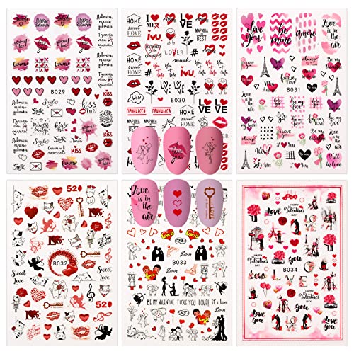 MWOOT 12 Hojas 3D Pegatinas Uñas, Etiquetas 3D Engomadas Autoadhesivas Patrones Flor Corazón de Labios Rojos, Calcomanías de Uñas Temática Mixta Día San Valentín para Nail Art Decoración