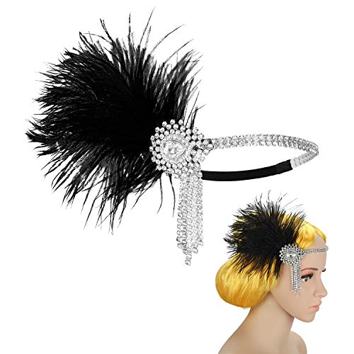 MWOOT 1920 Diadema de Pluma Cinta, Vintage Cristal Diamante Bandas de Pelo Años 20 Flapper Pelo Banda de Pluma Disfraz Accesorio