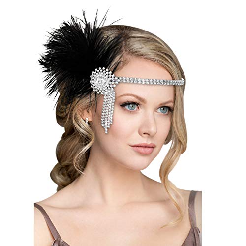 MWOOT 1920 Diadema de Pluma Cinta, Vintage Cristal Diamante Bandas de Pelo Años 20 Flapper Pelo Banda de Pluma Disfraz Accesorio