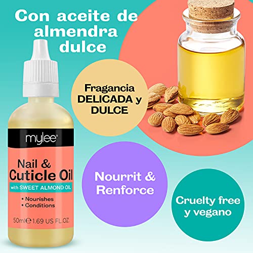 Mylee Aceite para cutículas y uñas de almendras dulces 50ml - Aceite Acondicionador de Cutículas Hidratante y Nutritivo, Fórmula no Grasa, no deja residuos pegajosos, Ligeramente Perfumado