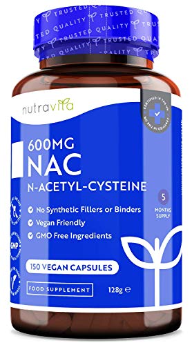 NAC N-acetil-cisteína 600 mg - 150 cápsulas veganas - Suministro de 5 meses de suplemento NAC - Alta biodisponibilidad - Sin rellenos ni aglutinantes sintéticos - Fabricado por Nutravita