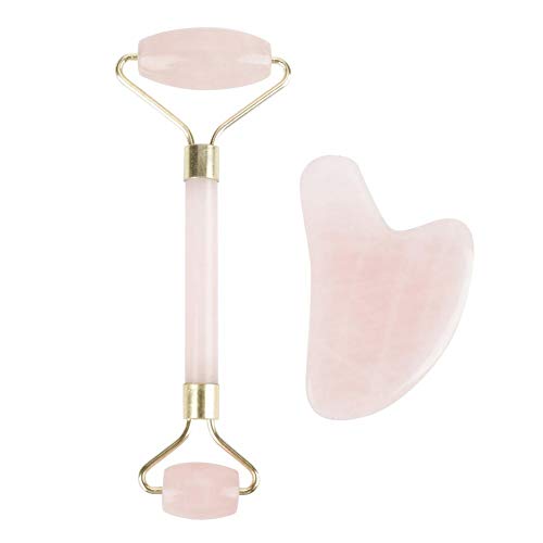 Natural Rose Quartz Stone Doble Cabeza Roller Scraping Set Massager Adecuado para Masaje Facial