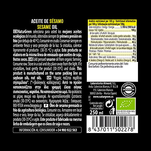 NaturGreen Aceite de Sésamo Bio de Primera Presión (502278), 250 Mililitros