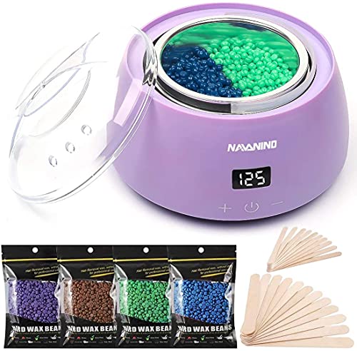 NAVANINO Calentador de Cera Eléctrico, Kit de Depilación de Cera Profesional, Cera Depilatoria Caliente, Con 4 Bolsitas Granos de Cera (17.6 oz) y 30 Espátulas, Aptas Para Cuerpo/Piernas/Cejas/Bikini