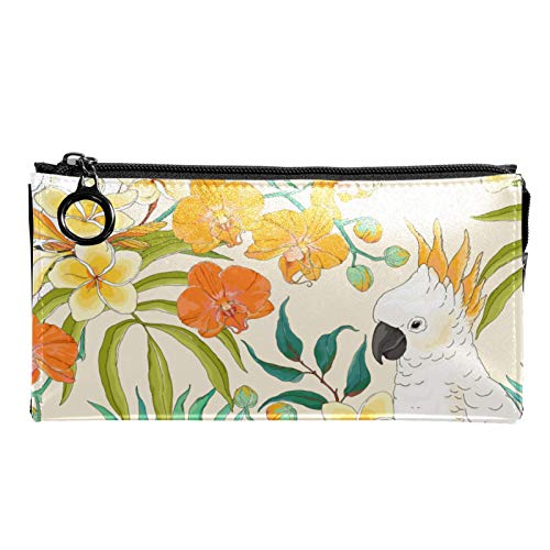 Neceser de Maquillaje Estuche Escolar para Cosméticos Bolsa de Aseo Grande con Flores Plumeria, Hojas de orquídea y Loro Blanco Cacatúa