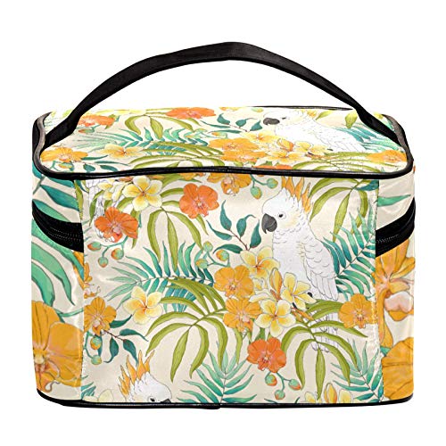 Neceser de Maquillaje Estuche Escolar para Cosméticos Bolsa de Aseo Grande con Flores Plumeria, Hojas de orquídea y Loro Blanco Cacatúa