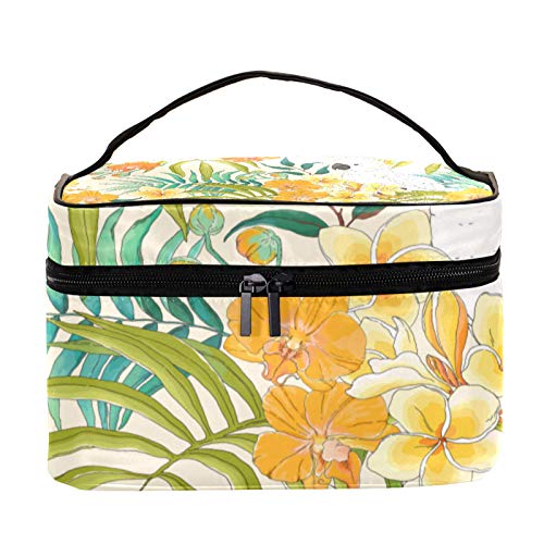 Neceser de Maquillaje Estuche Escolar para Cosméticos Bolsa de Aseo Grande con Flores Plumeria, Hojas de orquídea y Loro Blanco Cacatúa