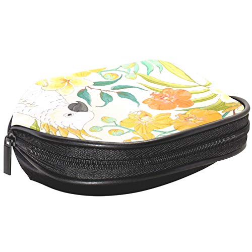 Neceser de Maquillaje Estuche Escolar para Cosméticos Bolsa de Aseo Grande con Flores Plumeria, Hojas de orquídea y Loro Blanco Cacatúa