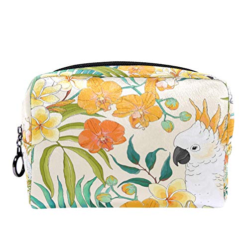 Neceser de Maquillaje Estuche Escolar para Cosméticos Bolsa de Aseo Grande con Flores Plumeria, Hojas de orquídea y Loro Blanco Cacatúa