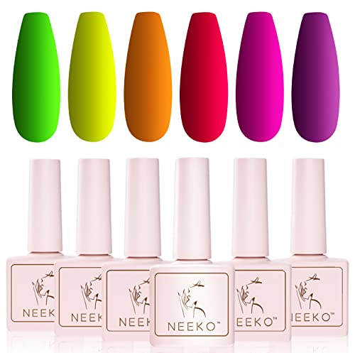 Neeko Esmaltes Semipermanentes 6 Colores Serie Neón, Amarillo Rojo Rosa Naranja Malva Verde Gel Esmalte de Uñas Soak Off UV LED Kit de Manicura para Nail Art Belleza Regalo