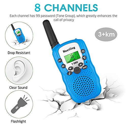 Nestling Walkie Talkie Niños Pantalla LCD de 8 Canales Linterna incorporada VOX 10 Tonos de Llamada Walkie Talkie Niñas Regalo de Juguete para niños (2pcs Azul)