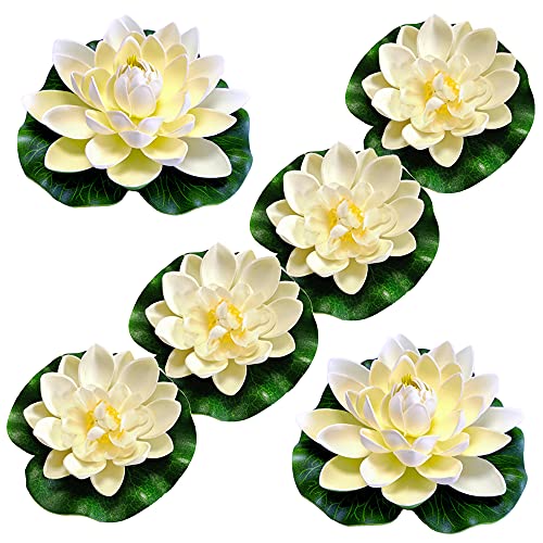 Niaciswe Nenufares Flotantes Artificiales 5 Piezas Nenufar Plantas de Estanque Flor de Loto Planta Artificial Lirio de Agua Artificiales Flotante para Estanque Piscinas Boda Acuarios Decoración Blanco