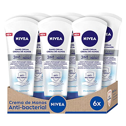 NIVEA Crema de Manos 3in1 Care & Protect Antibacterial en pack de 6 (6 x 100 ml), crema nutritiva para proteger de la sequedad, crema protectora con aceite de jojoba