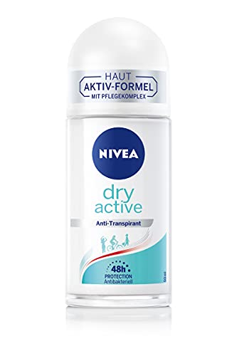 NIVEA Desodorante roll-on Dry Active (50 ml), antitranspirante con protección de 48 horas y doble fórmula activa, antitranspirante roll-on con fragancia femenina y fresca