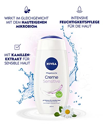 NIVEA Gel de ducha Creme Sensitive (250 ml), gel de ducha sin jabón para piel sensible, crema suave nutritiva con extracto de manzanilla