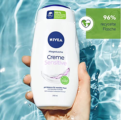 NIVEA Gel de ducha Creme Sensitive (250 ml), gel de ducha sin jabón para piel sensible, crema suave nutritiva con extracto de manzanilla