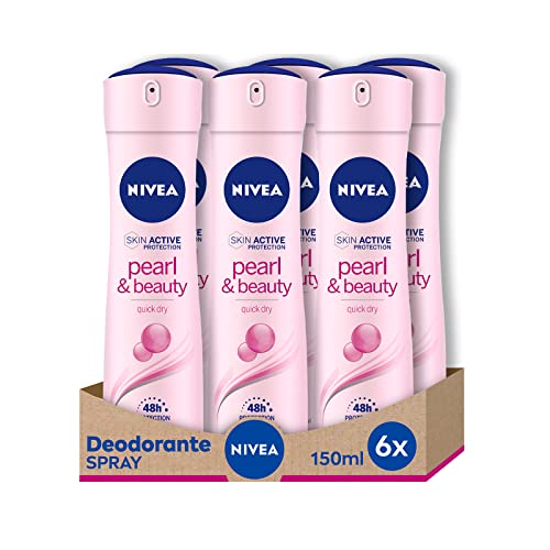 Nivea Pearl & Beauty - Desodorante en spray para mujer, 6 x 150 ml, con extracto de perla para piel luminosa y suave, desodorante en spray antitranspirante para 48h