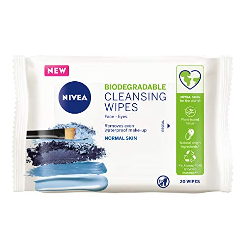 NIVEA Toallitas de limpieza biodegradables para piel normal (20 hojas), toallitas biodegradables hechas de 100% fibras vegetales, toallitas de maquillaje, removedor de maquillaje