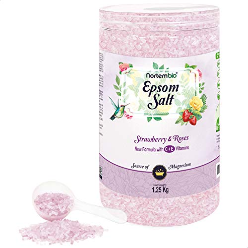 Nortembio Sal de Epsom 1,25 Kg. Fragancia Fresa y Rosas. Sal de Baño Hidratada con Vitamina C y E. Relajación de Músculos, Aromaterapia y Buen Sueño. E-Book Incluido.