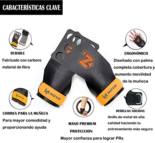 Nova imboxs Calleras para Cross Training - Grips 3H Fibra de Carbono - Guantes para Cross Training Agarre y Protector de Mano - Hombres y Mujeres en Deportes de Fitness Calistenia Halterofilia (L)