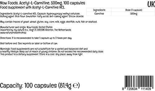 Now Foods, Acetyl-L-Carnitine (Acetil-L-Carnitina), 500 mg, 100 Cápsulas veganas, Probado en Laboratorio, Aminoácido, Sin Gluten, Sin Soja, Vegetariano